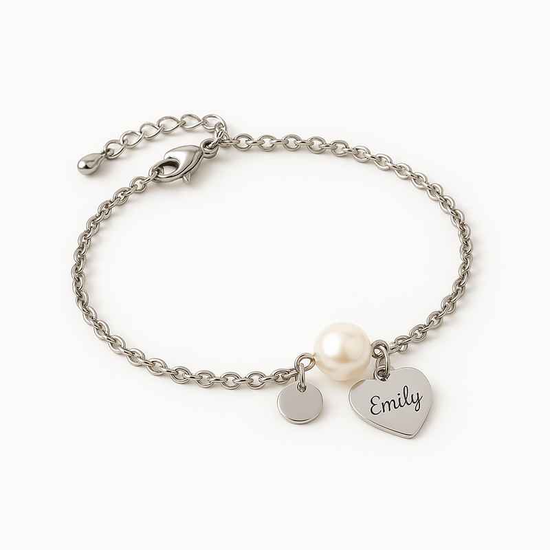 Dainty Romantic Charm Bracelet with Personalized Engraving Heart and Stainless Steel Pearl Love Bracelet 2 Dainty Romantic Charm Bracelet with Personalized Engraving Heart and Stainless Steel Pearl Love Bracelet