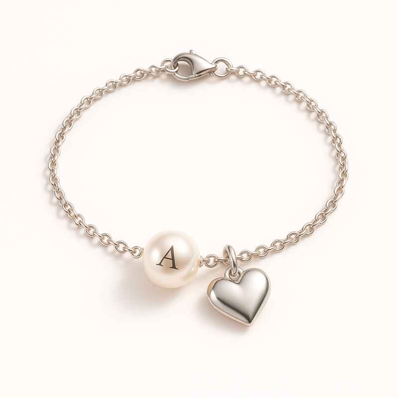 Dainty Heart Charm Bracelet with Personalized Pearl, Romantic Steel 1 Dainty Heart Charm Bracelet with Personalized Pearl, Romantic Steel