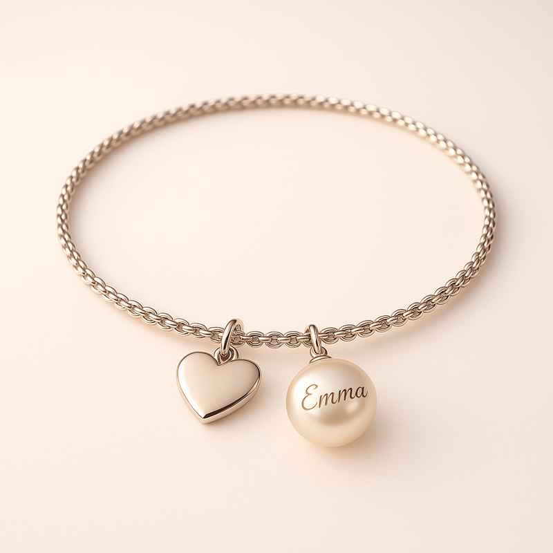 Dainty Heart Charm Bracelet & Personalized Engraved Pearl Bracelet 2 Dainty Heart Charm Bracelet & Personalized Engraved Pearl Bracelet