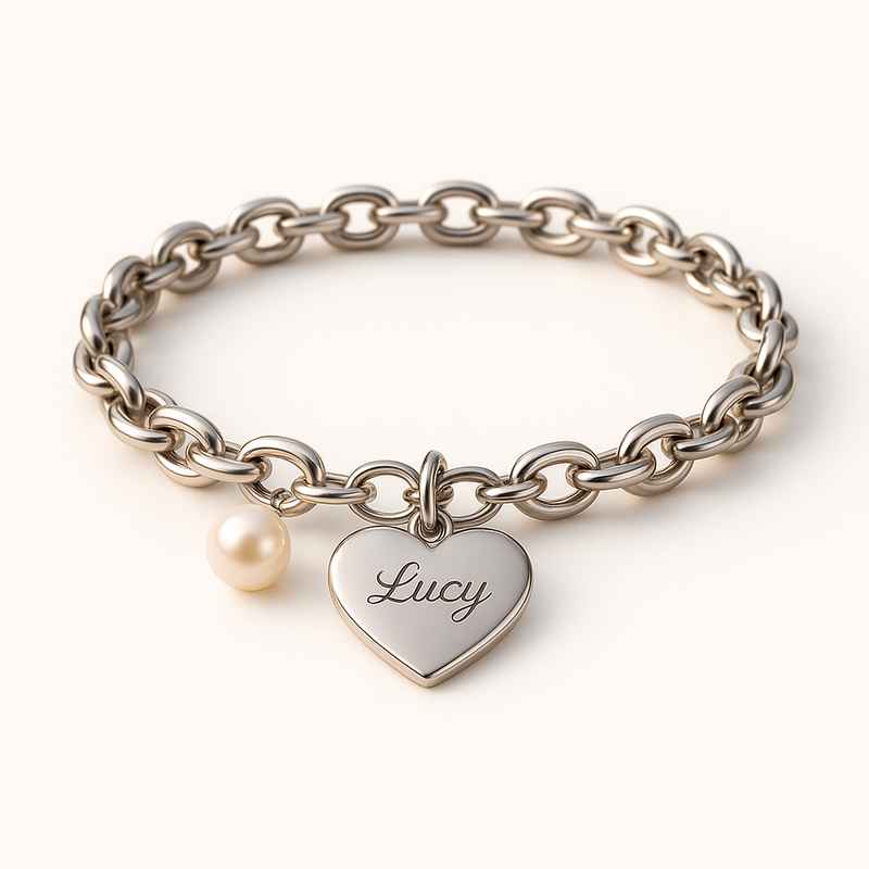 Dainty Romantic Personalized Heart Charm Bracelet with Pearl Engraving 1 Dainty Romantic Personalized Heart Charm Bracelet with Pearl Engraving