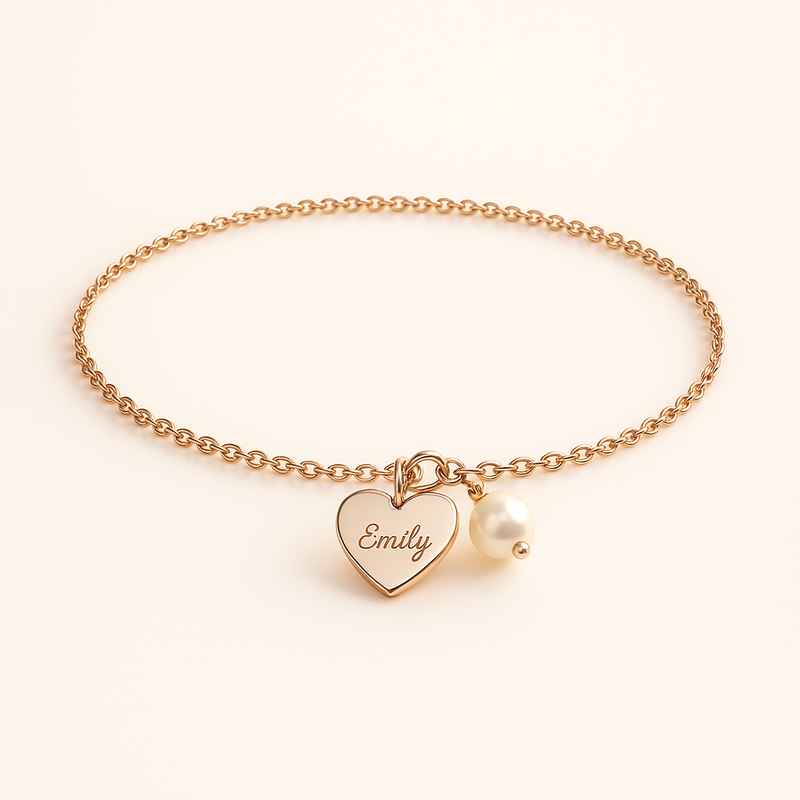 Dainty Romantic Bracelet with Personalized Engraving Heart and Pearl Charm 1 Dainty Romantic Bracelet with Personalized Engraving Heart and Pearl Charm