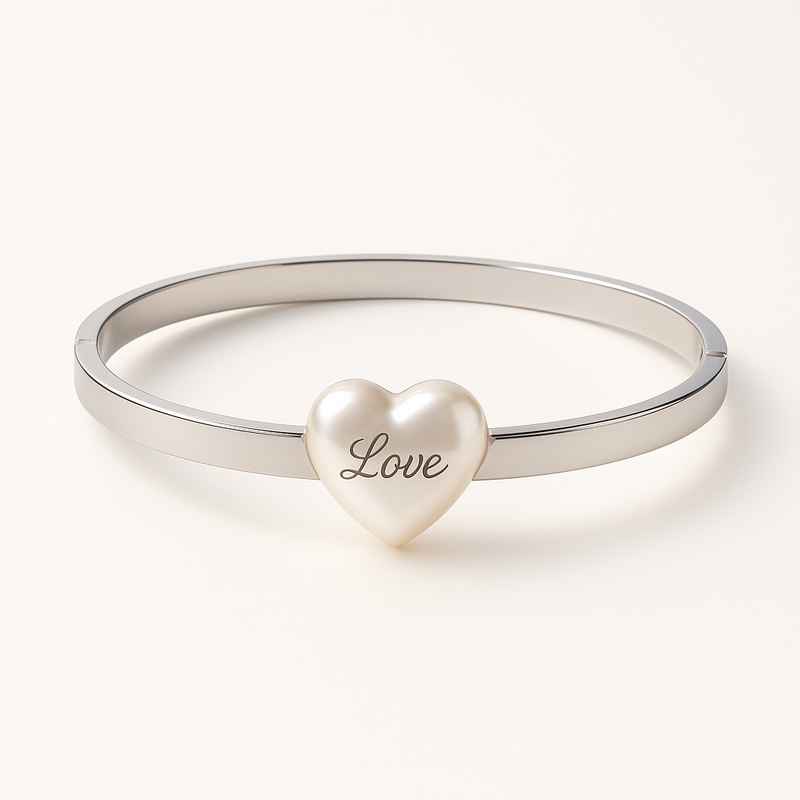 Dainty Stainless Steel Charm Bracelet with Personalized Pearl Heart and Engraved Love