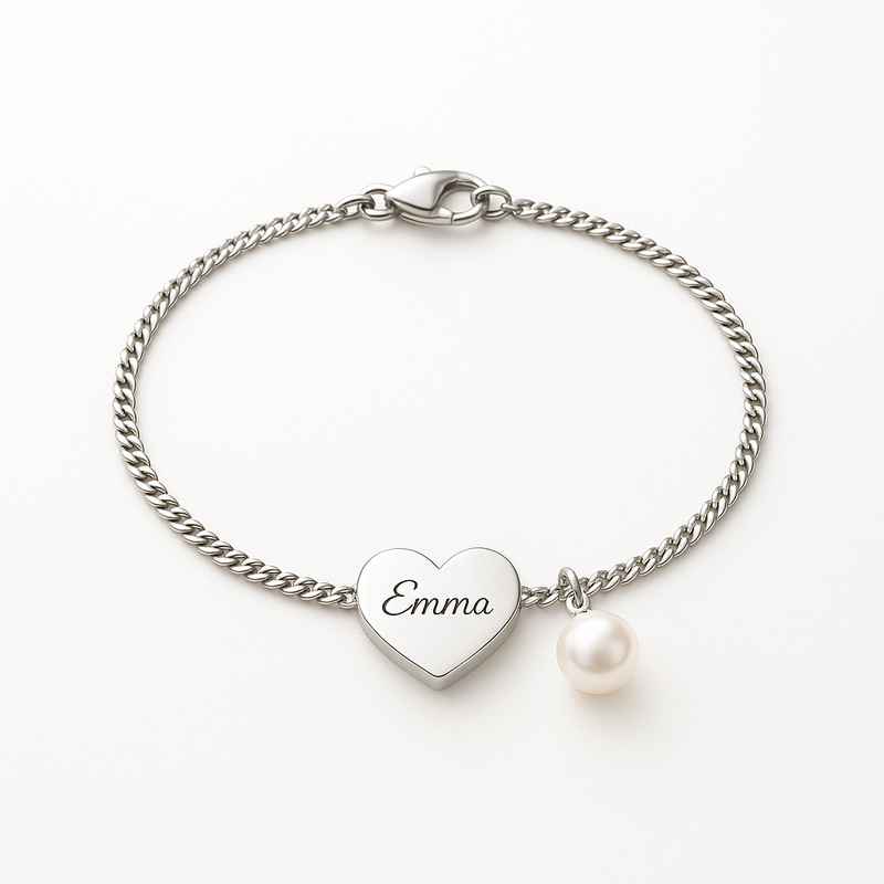 Dainty Romantic Bracelet with Personalized Engraving Heart & Pearl Charm