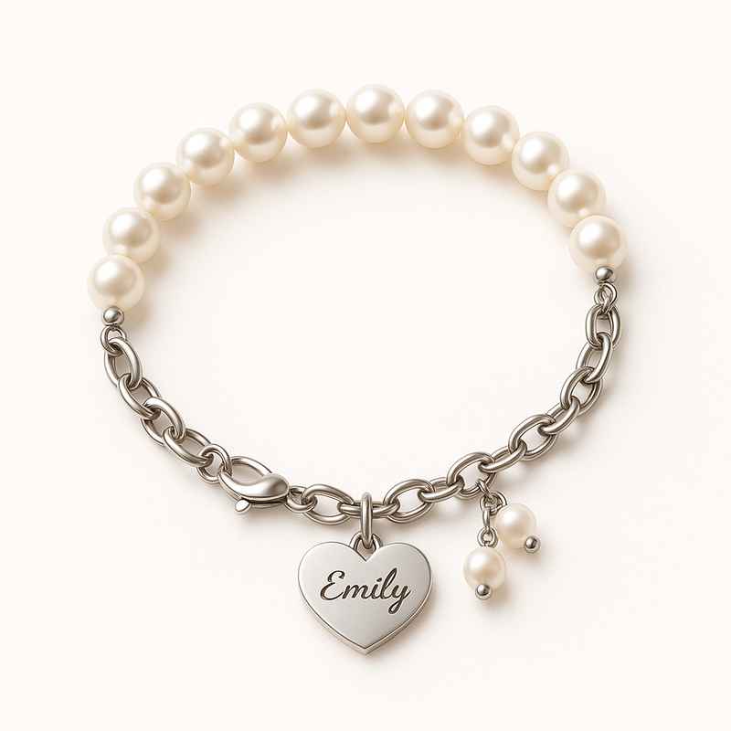 Dainty Romantic Pearl Charm Bracelet with Personalized Heart Engraving