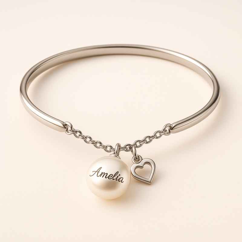 Dainty Romantic Stainless Steel Heart Charm Bracelet with Engraved Pearl