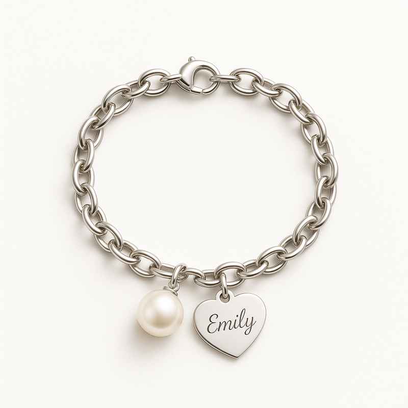 Dainty Romantic Bracelet, Personalized Stainless Steel Charm Bracelet, Pearl Love Heart Engraved Bracelet
