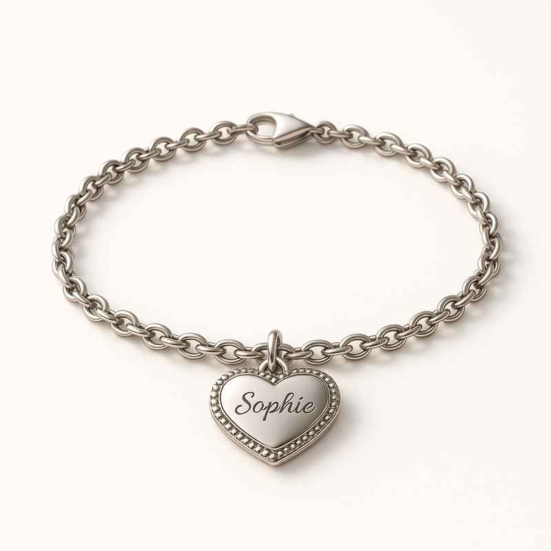 Dainty Romantic Charm Bracelet with Personalized Engraving & Stainless Steel Heart Charm