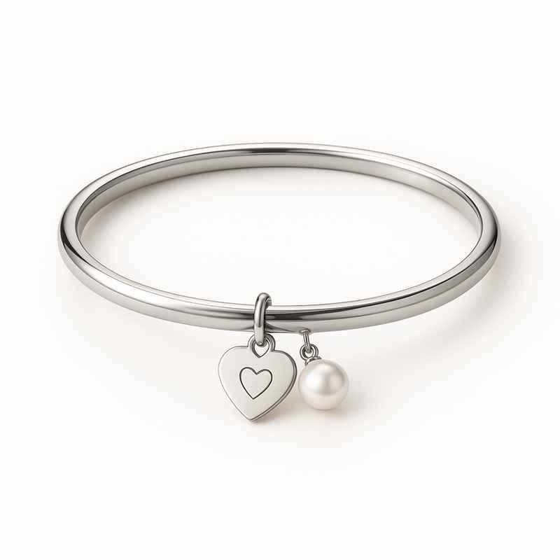 Dainty Romantic Charm Bracelet, Personalized Stainless Steel Heart Bracelet, Engraved Pearl Love Bracelet