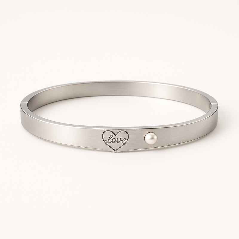 Dainty Stainless Steel Charm Bracelet with Romantic Pearl Engraving and Personalized Love Heart