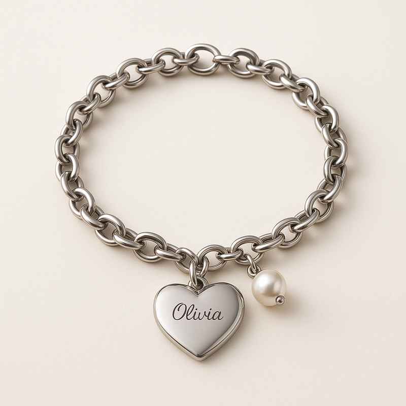 Dainty Personalized Charm Bracelet, Romantic Stainless Steel Heart Bracelet, Engraved Pearl Love Bracelet