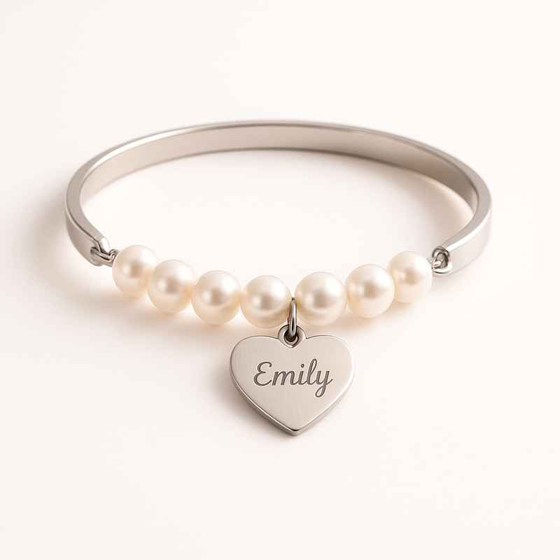 Dainty Heart Charm Bracelet, Personalized Pearl Love Bracelet, Romantic Stainless Steel Engraving Bracelet