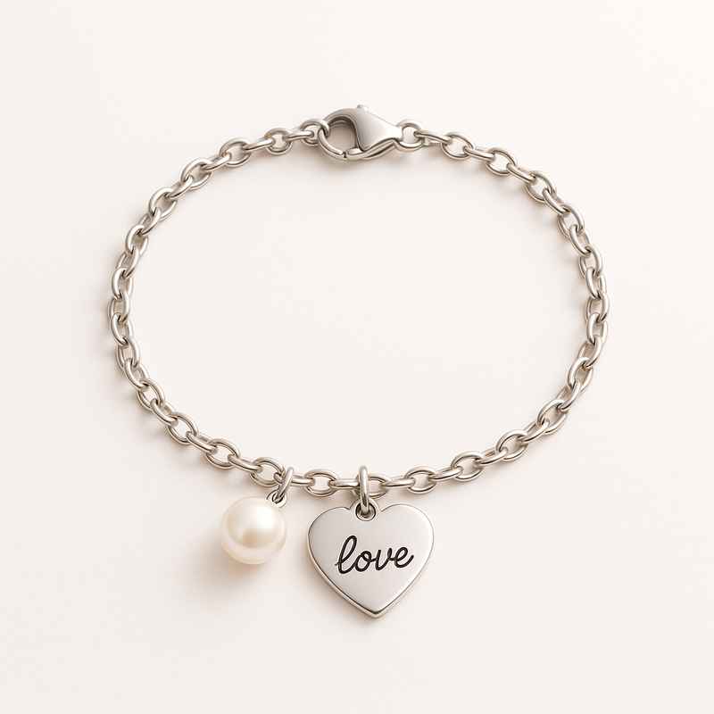 Dainty Romantic Bracelet - Personalized Stainless Steel Charm Bracelet with Pearl Love Heart