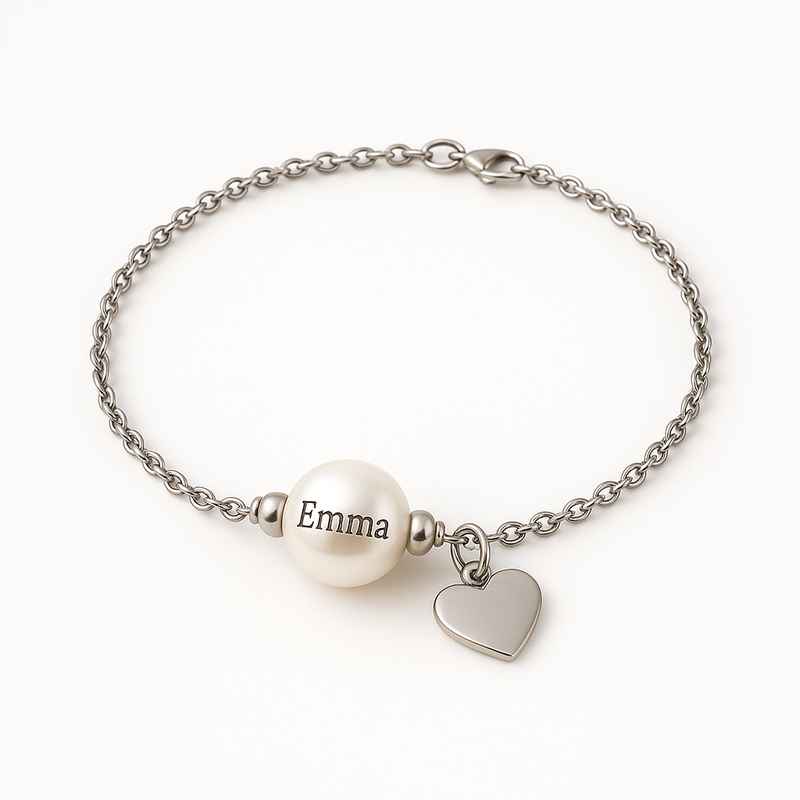 Dainty Personalized Charm Bracelet | Romantic Stainless Steel Heart Bracelet & Engraved Pearl Love Bracelet