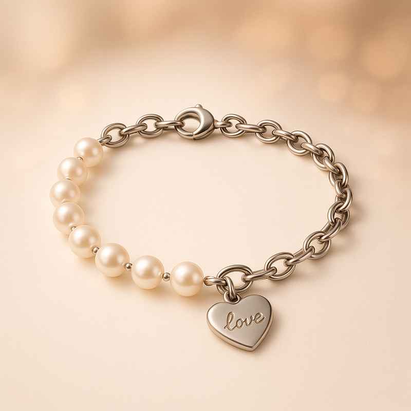 Dainty Personalized Heart Charm Bracelet, Romantic Stainless Steel Pearl Bracelet