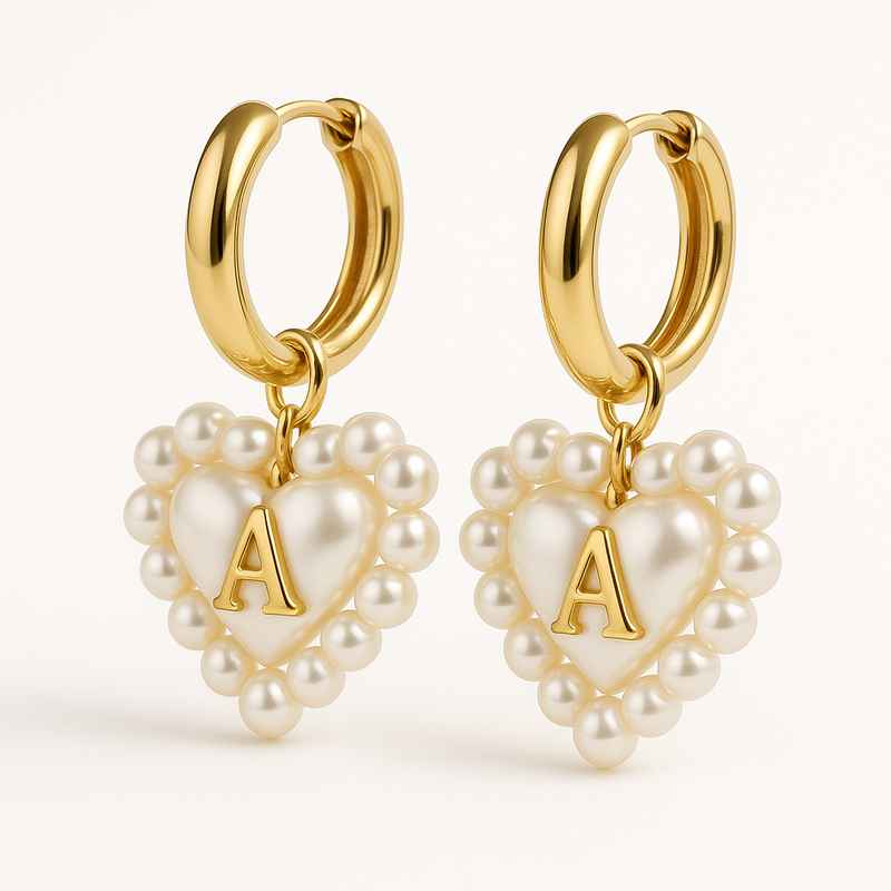 Trendy Personalized Pearl Heart Earrings | Custom Gold Hoop Earrings | Waterproof Stainless Steel Hoop Earrings