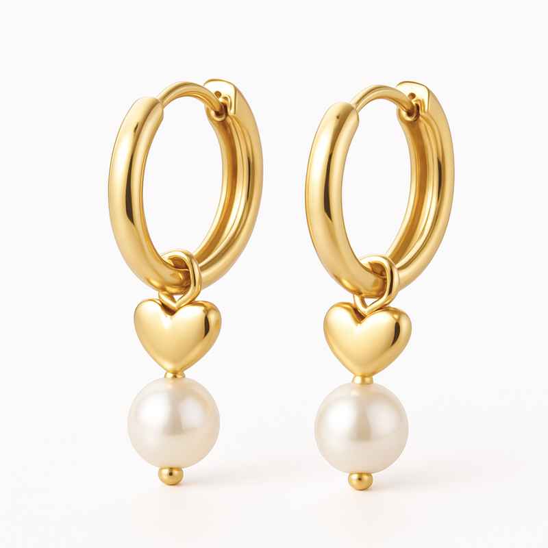 Trendy Personalized Pearl Heart Hoop Earrings - Dainty Custom Gold Waterproof Stainless Steel