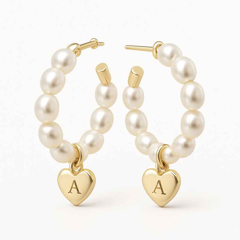 Trendy Personalized Pearl Hoop Earrings with Custom Gold Heart Charm
