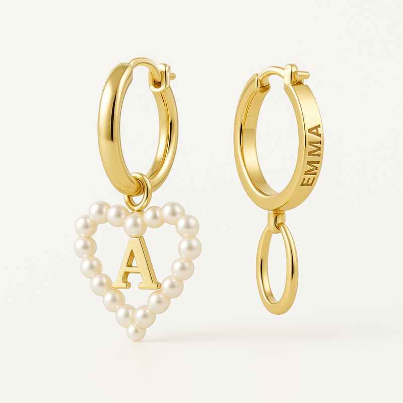 Trendy Personalized Pearl Heart Earrings & Custom Gold Hoop Earrings