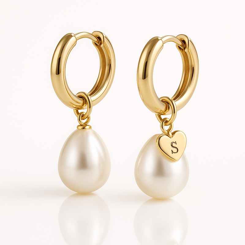 Trendy Personalized Pearl Earrings, Custom Heart Charm Gold Hoop Earrings, Waterproof Stainless Steel Dainty Hoops