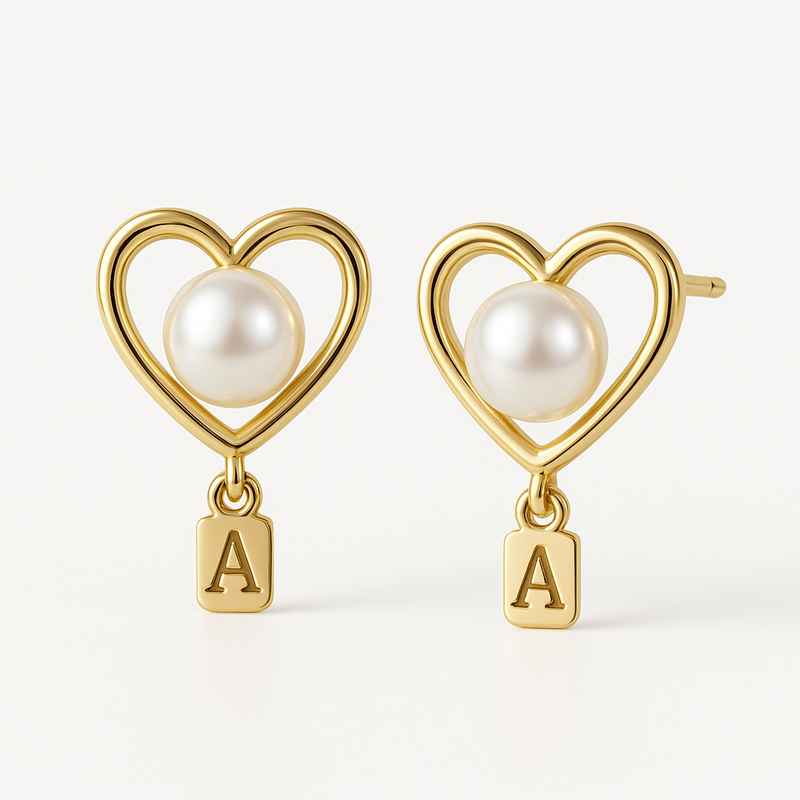 Dainty Personalized Pearl Heart Earrings Custom Gold Hoop Waterproof 2 Dainty Personalized Pearl Heart Earrings Custom Gold Hoop Waterproof
