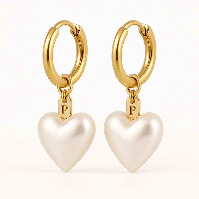 Trendy Personalized Pearl Heart Earrings with Custom Gold Hoop Waterproof Stainless Steel Charm Hoops