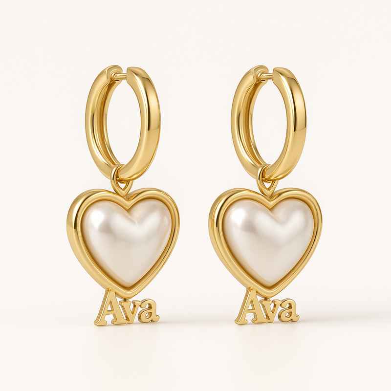 Trendy Personalized Pearl Heart Earrings & Custom Gold Hoop Earrings