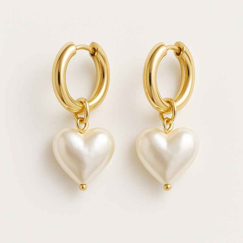 Trendy Custom Pearl Heart Earrings, Dainty Gold Hoop Earrings, Waterproof Stainless Steel Charm Earrings