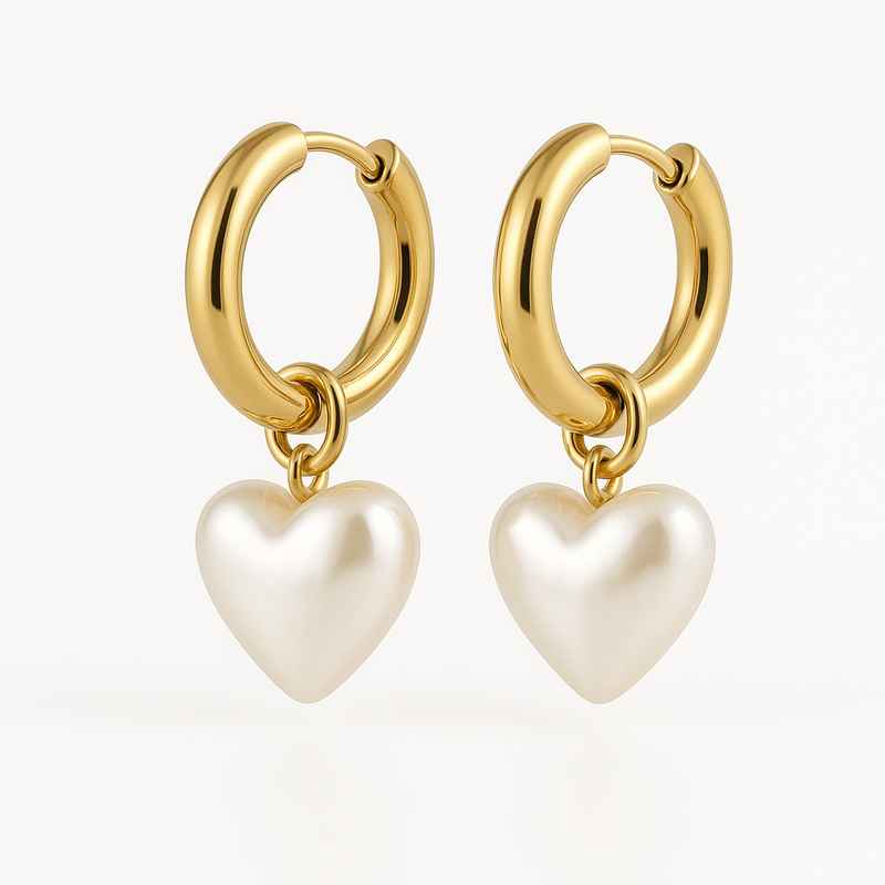 Trendy Custom Pearl Heart Hoop Earrings – Dainty Gold Waterproof Hoop Earrings