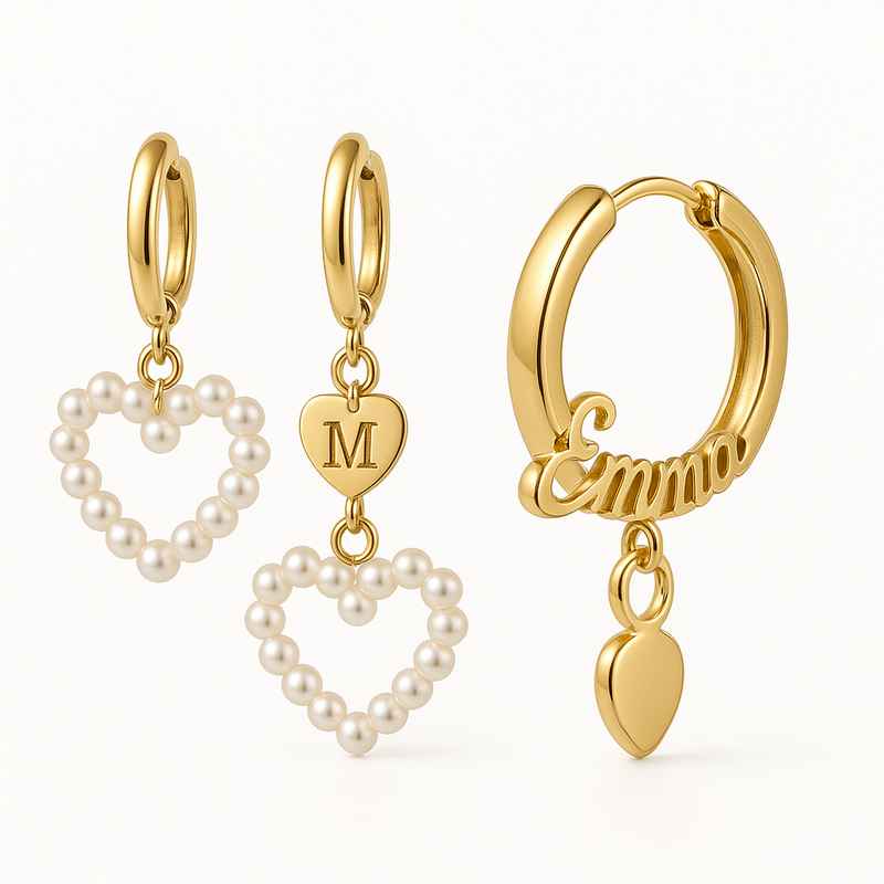 Trendy Personalized Pearl Heart Earrings & Custom Gold Hoop Earrings