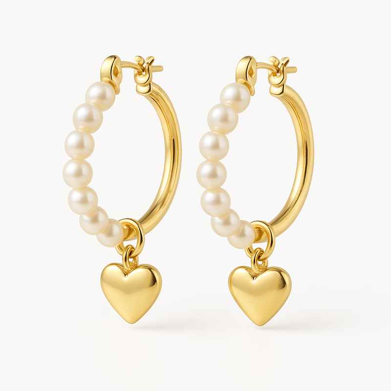 Trendy Dainty Personalized Pearl Hoop Earrings with Waterproof Gold Heart Charm 1 Trendy Dainty Personalized Pearl Hoop Earrings with Waterproof Gold Heart Charm