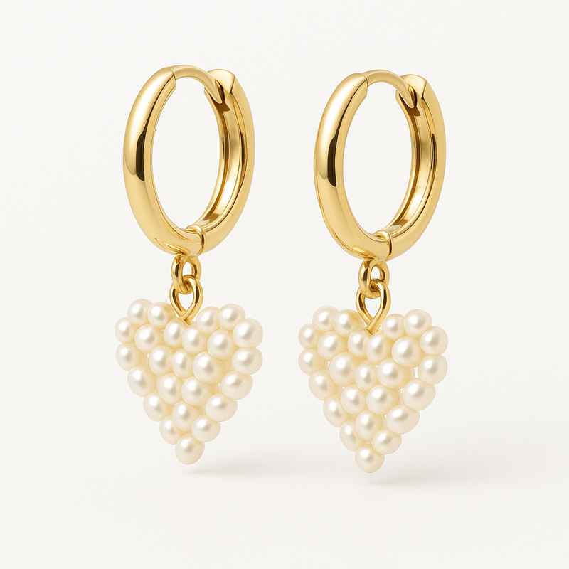 Trendy Personalized Gold Hoop Earrings with Custom Pearl Heart Charm