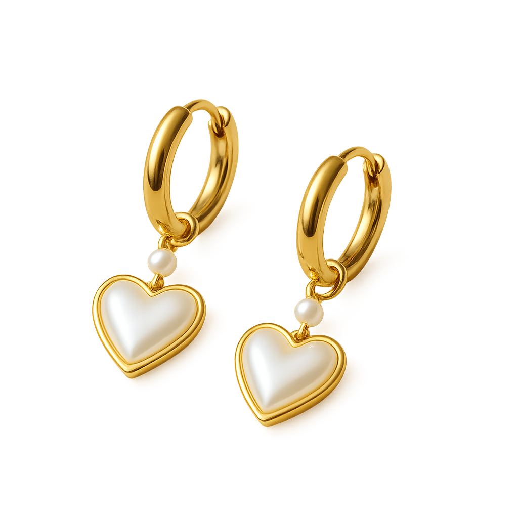 Trendy Dainty Pearl Heart Hoop Earrings - Personalized Gold Waterproof Small Hoop Earrings with Custom Stainless Steel Heart Charm