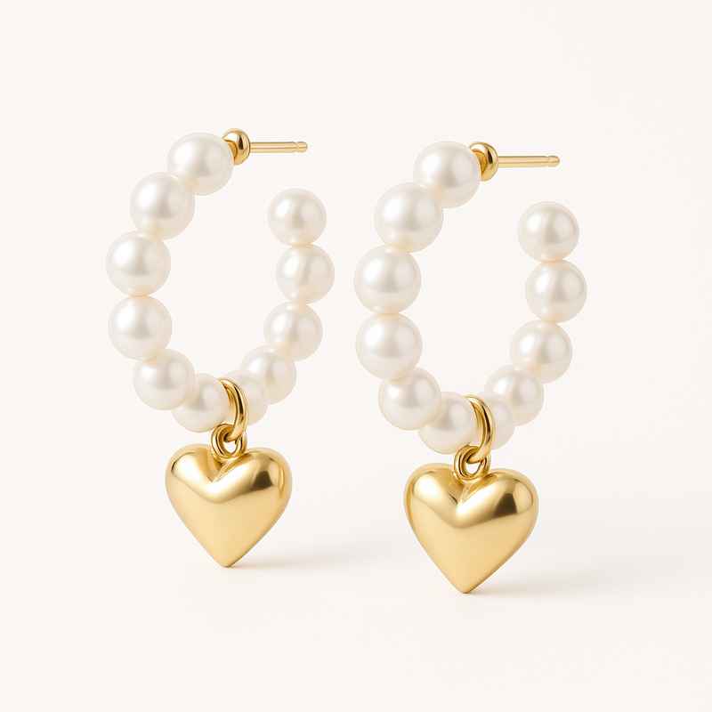 Trendy Personalized Pearl Hoop Earrings with Custom Gold Heart Charm 1 Trendy Personalized Pearl Hoop Earrings with Custom Gold Heart Charm