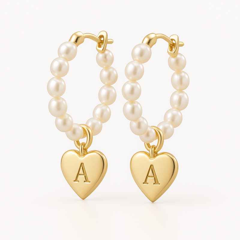 Trendy Personalized Pearl Hoop Earrings with Custom Heart Charm Gold Earrings 1 Trendy Personalized Pearl Hoop Earrings with Custom Heart Charm Gold Earrings