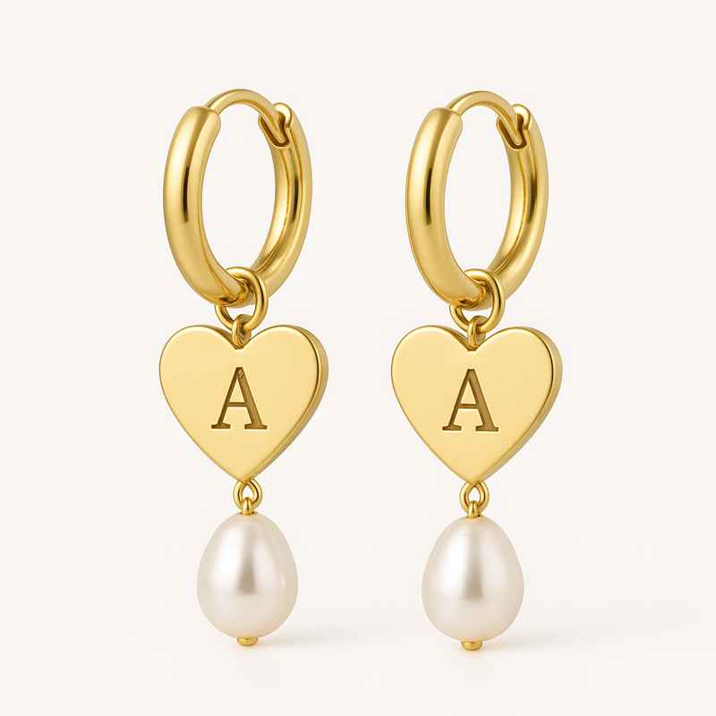Trendy Personalized Pearl Earrings, Custom Gold Hoop Earrings, Waterproof Stainless Steel Heart Earrings