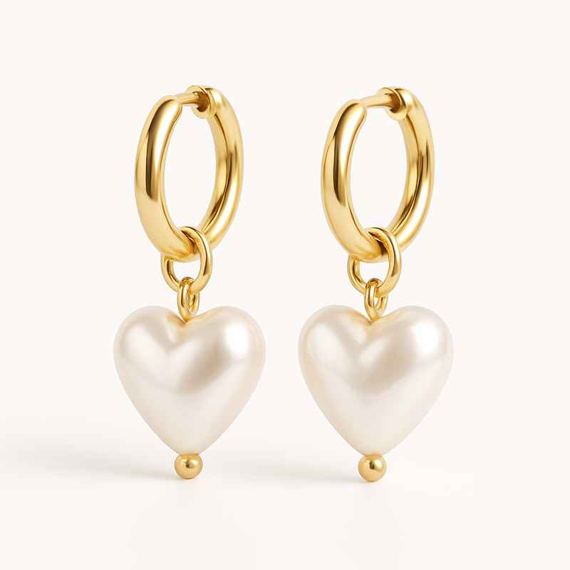 Trendy Custom Pearl Heart Charm Earrings with Dainty Gold Hoops