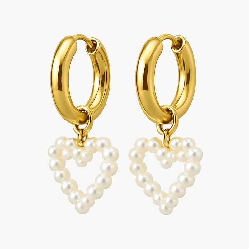 Trendy Personalized Gold Hoop Earrings with Dainty Pearl Heart Charm