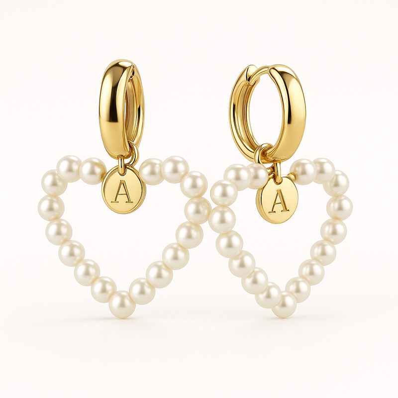 Trendy Personalized Pearl Heart Earrings & Custom Gold Hoop Earrings