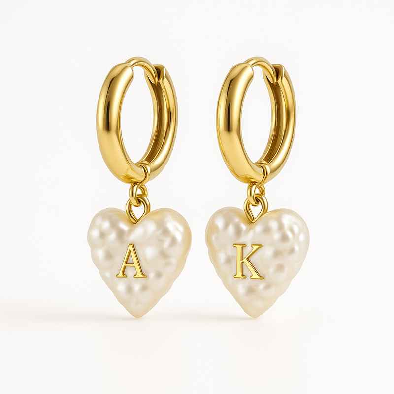 Trendy Personalized Pearl Heart Earrings & Custom Gold Hoop Earrings
