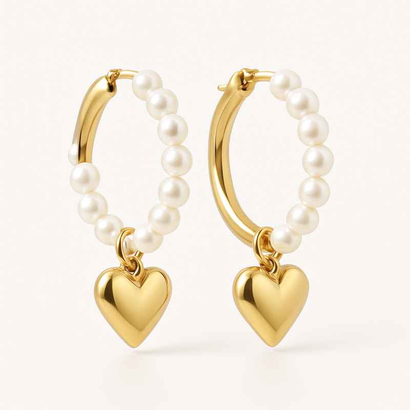 Trendy Personalized Pearl Hoop Earrings with Gold Heart Charm 1 Trendy Personalized Pearl Hoop Earrings with Gold Heart Charm