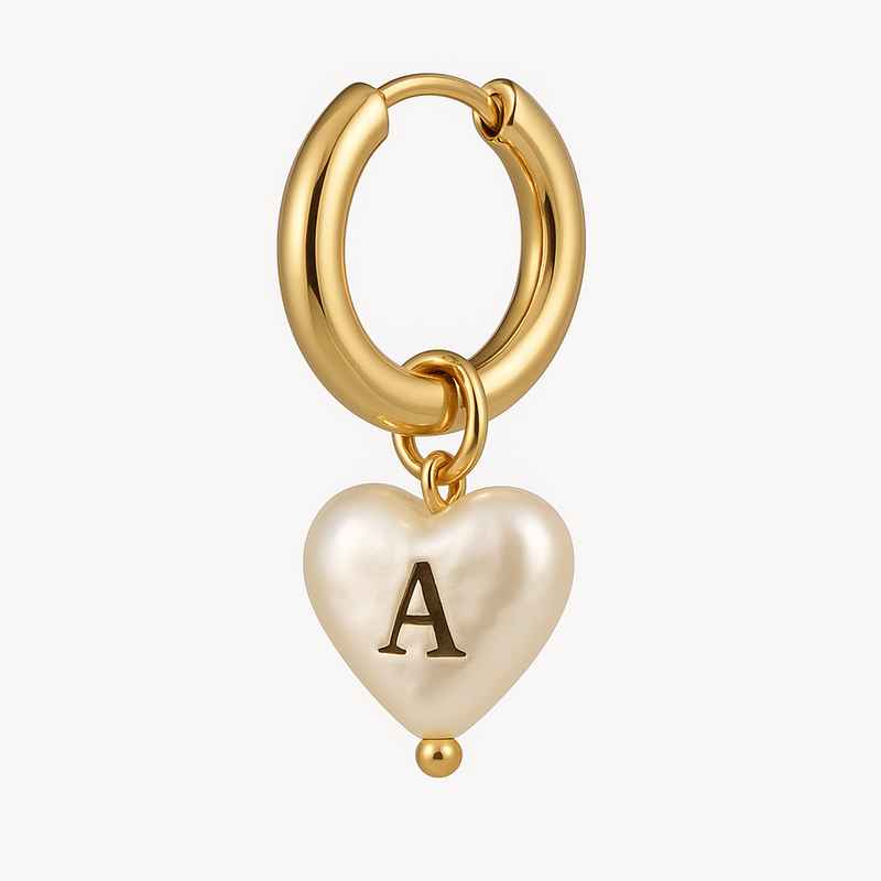 Trendy Personalized Gold Hoop Earrings with Custom Pearl Heart Charm