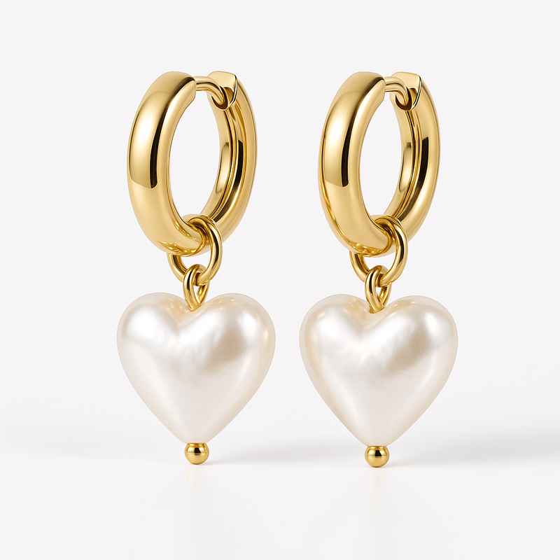 Trendy Custom Pearl Heart Earrings with Personalized Gold Hoops & Waterproof Stainless Steel Charms