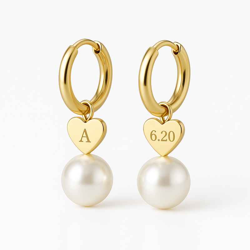 Trendy Personalized Pearl Earrings, Custom Gold Hoop Earrings, Waterproof Stainless Steel Heart Charm Earrings