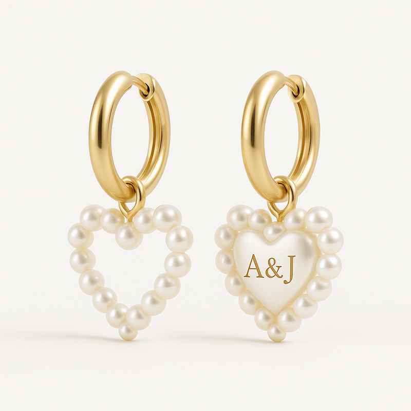 Trendy Personalized Pearl Heart Earrings, Custom Gold Hoop Earrings