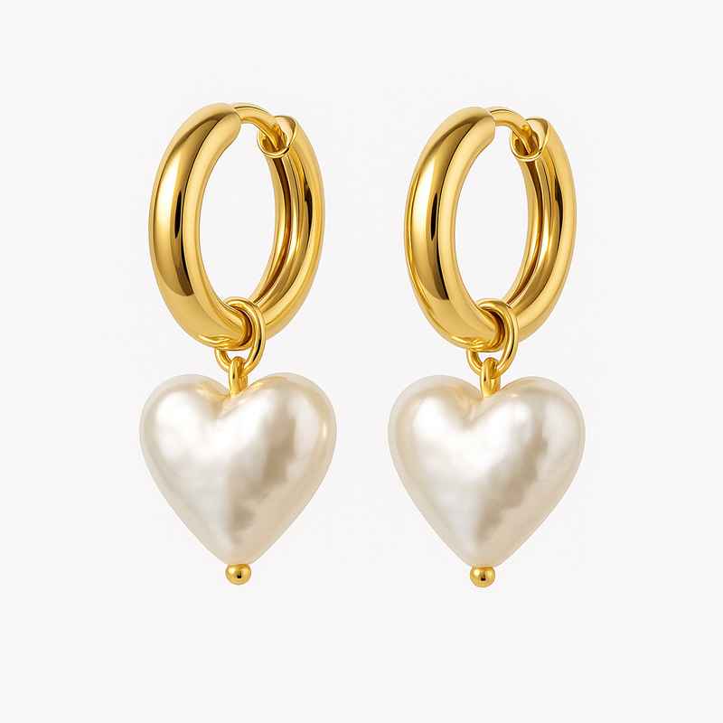 Trendy Personalized Gold Hoop Earrings with Custom Pearl Heart Charm