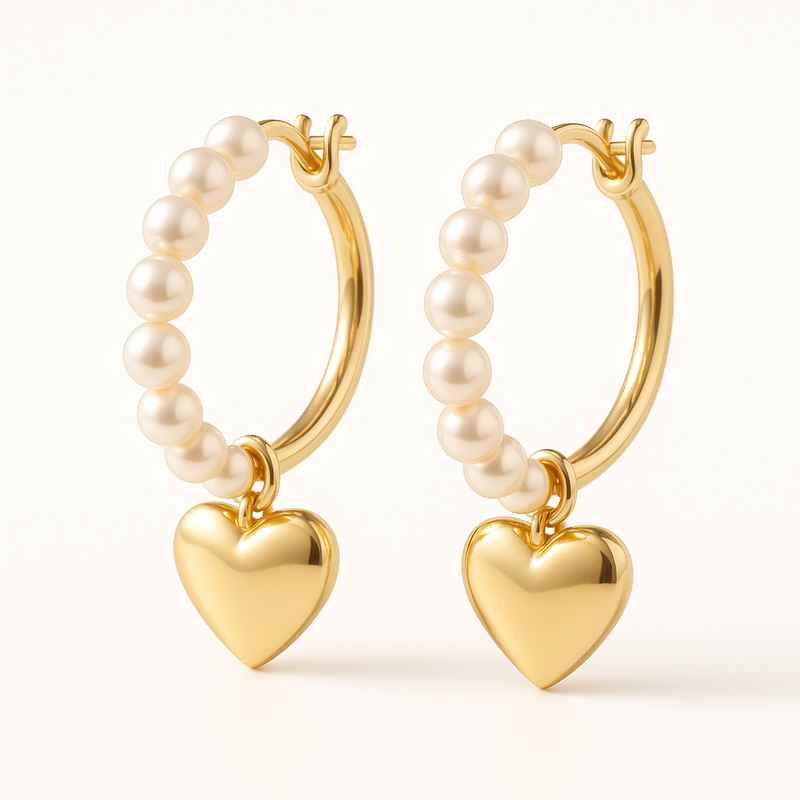 Trendy Personalized Pearl Hoop Earrings with Custom Gold Heart Charm 1 Trendy Personalized Pearl Hoop Earrings with Custom Gold Heart Charm