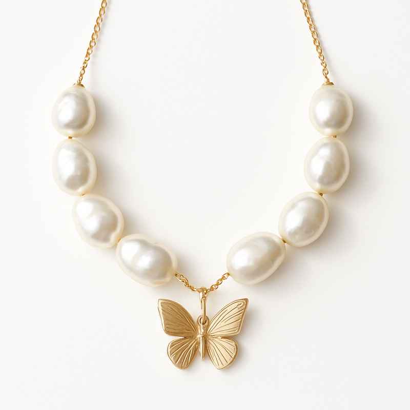 Sustainable Baroque Pearl Necklace with Butterfly Accent Gold Necklace 3 Sustainable Baroque Pearl Necklace with Butterfly Accent Gold Necklace
