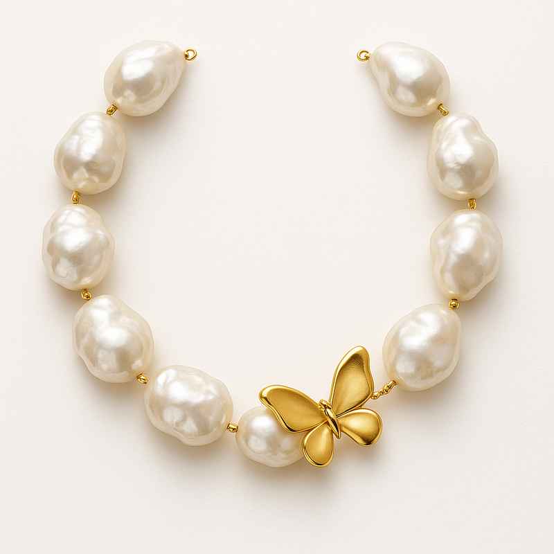 Sustainable Baroque Pearl Necklace with Butterfly Accent Gold Necklace 3 Sustainable Baroque Pearl Necklace with Butterfly Accent Gold Necklace
