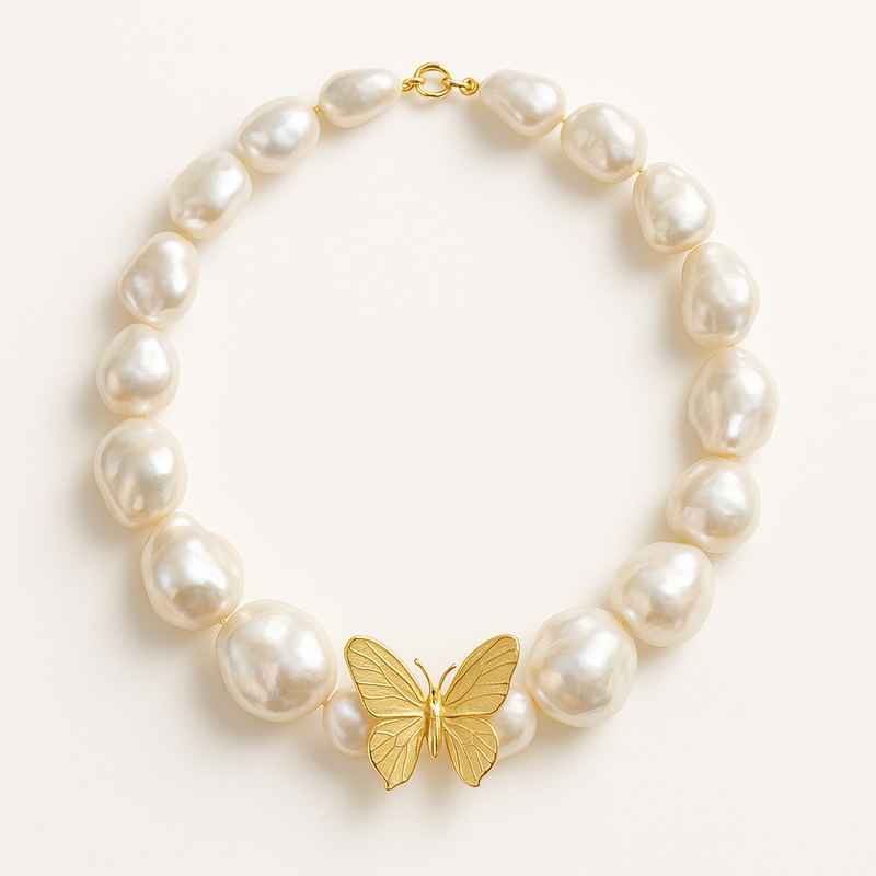 Sustainable Baroque Pearl Necklace with Butterfly Accent Gold Layering 1 Sustainable Baroque Pearl Necklace with Butterfly Accent Gold Layering