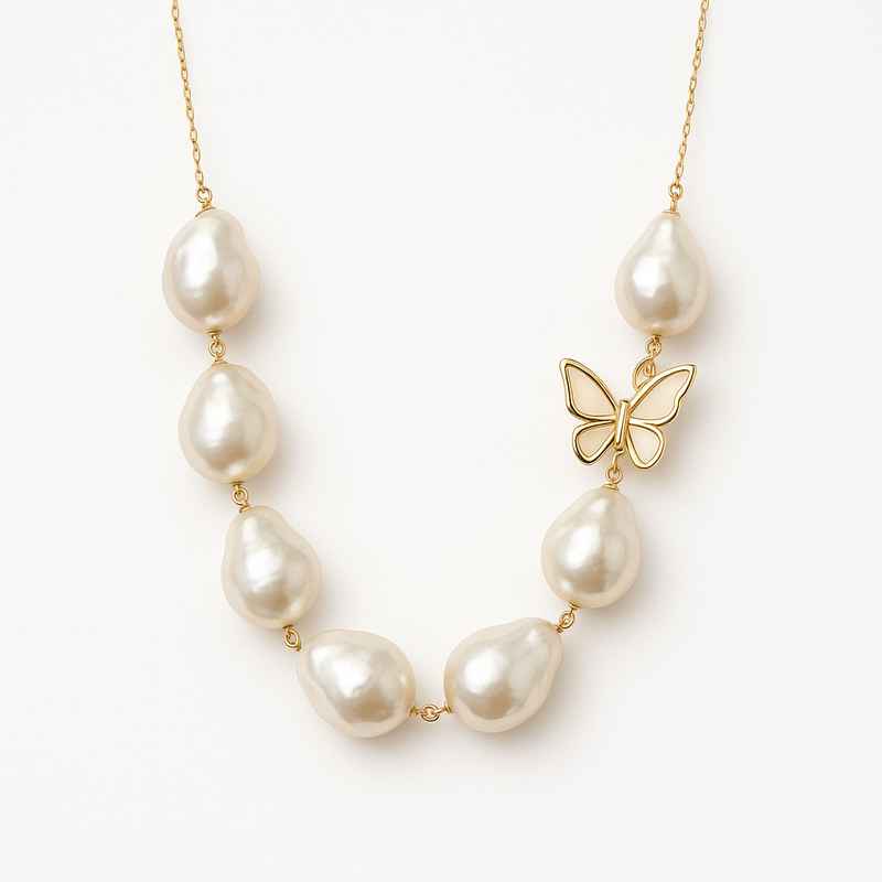 Sustainable Baroque Pearl Necklace with Butterfly Accent Gold Necklace 2 Sustainable Baroque Pearl Necklace with Butterfly Accent Gold Necklace